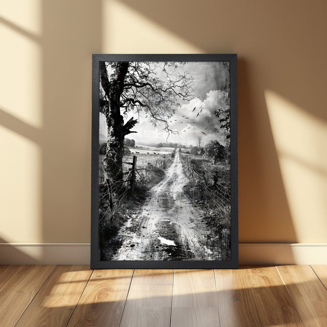 Framed Poster of a black and white country road scene. Artistic style, monochrome palette. Perfect for home decor.
