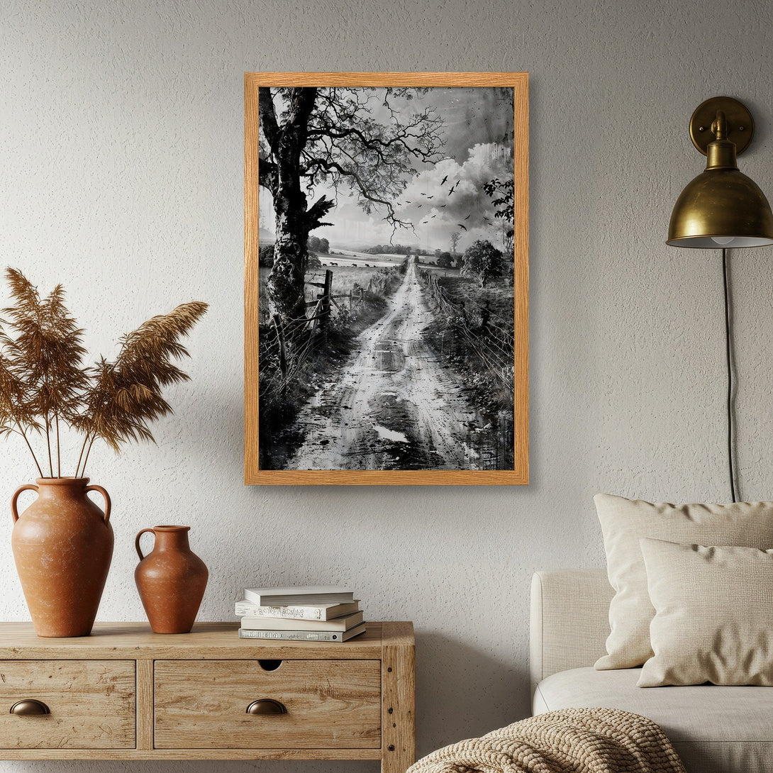 Framed Poster of a black and white rural landscape. Rustic style with neutral color palette, perfect for home decor.