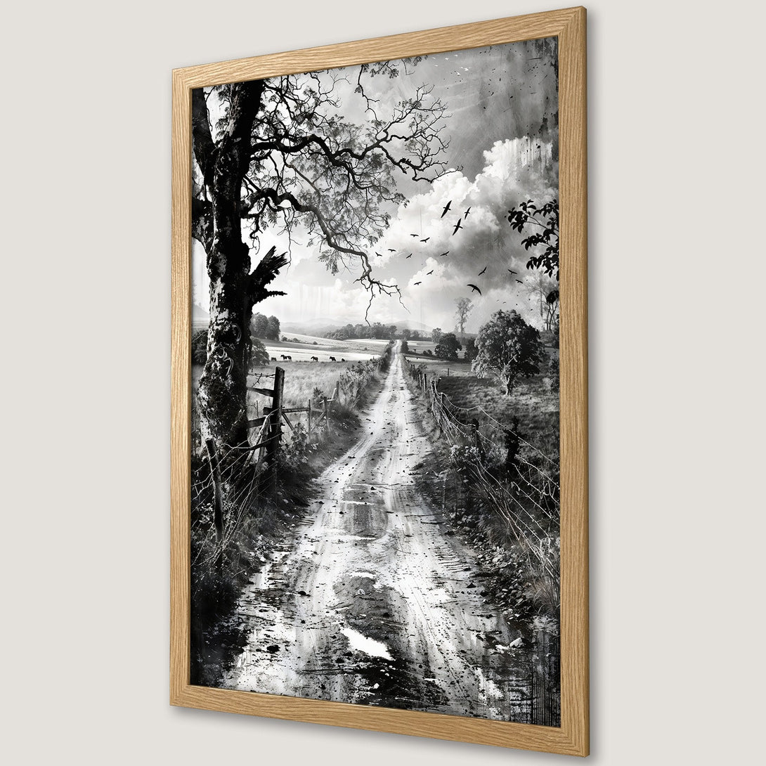 Framed Poster featuring a black and white landscape scene with a dirt road, trees, and birds. Rustic art style, perfect for home decor.