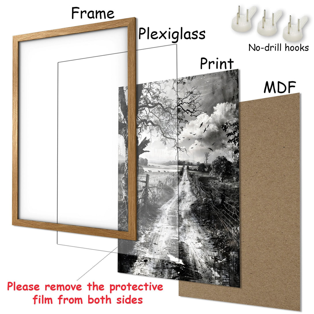 Framed Poster featuring a black and white landscape print. Rustic style with a neutral color palette, ready to hang!