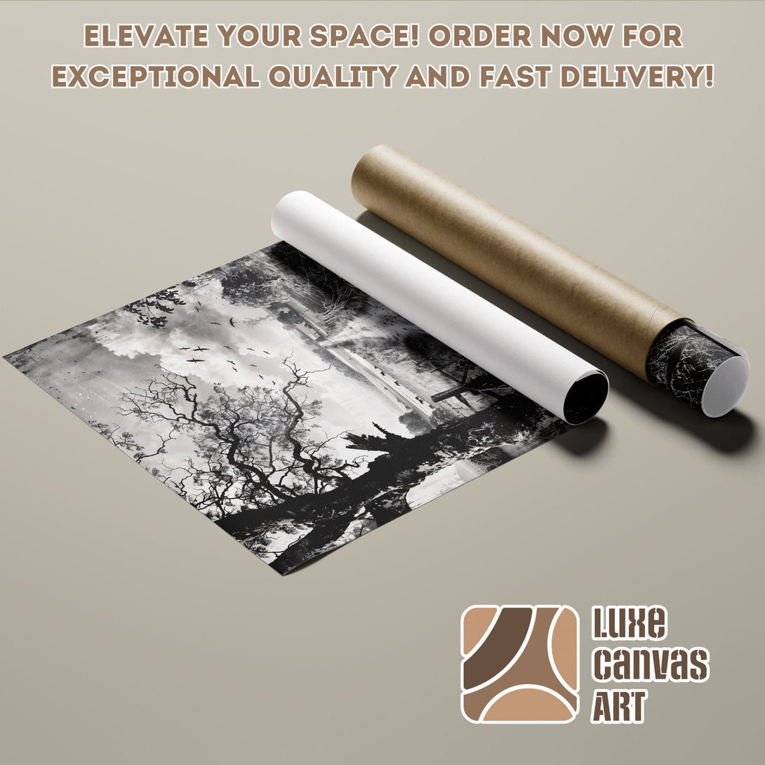 Black and white landscape Poster Roll. Elevate your space with this art print. Neutral color palette.
