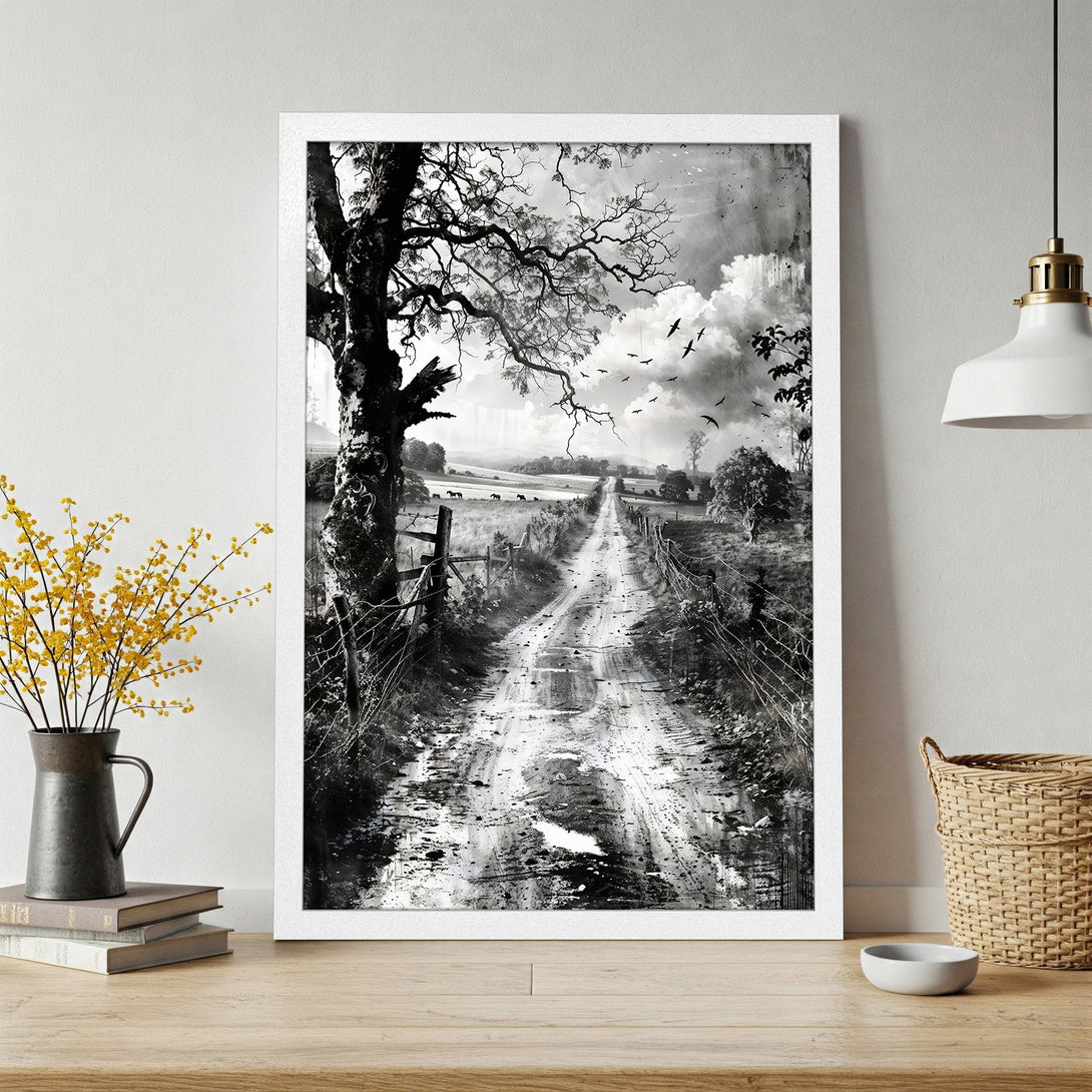 Framed Poster: Black and white landscape art print of a country road, featuring a moody, vintage style. Perfect wall decor.
