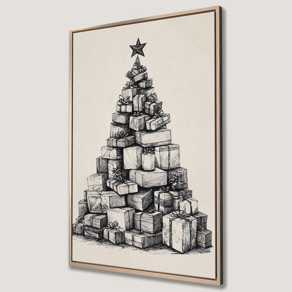 Framed Wall Art: Festive Christmas tree art print in black and white. A stylish, minimalist design for your holiday decor. Neutral color palette.