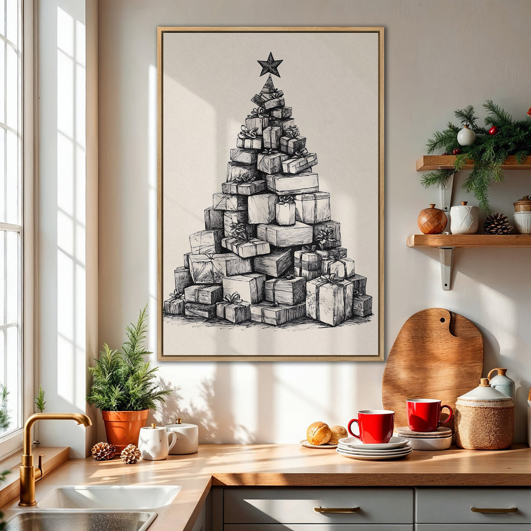 Framed Wall Art: Christmas tree made of gifts, black and white sketch on neutral background. Perfect holiday decor for your home!