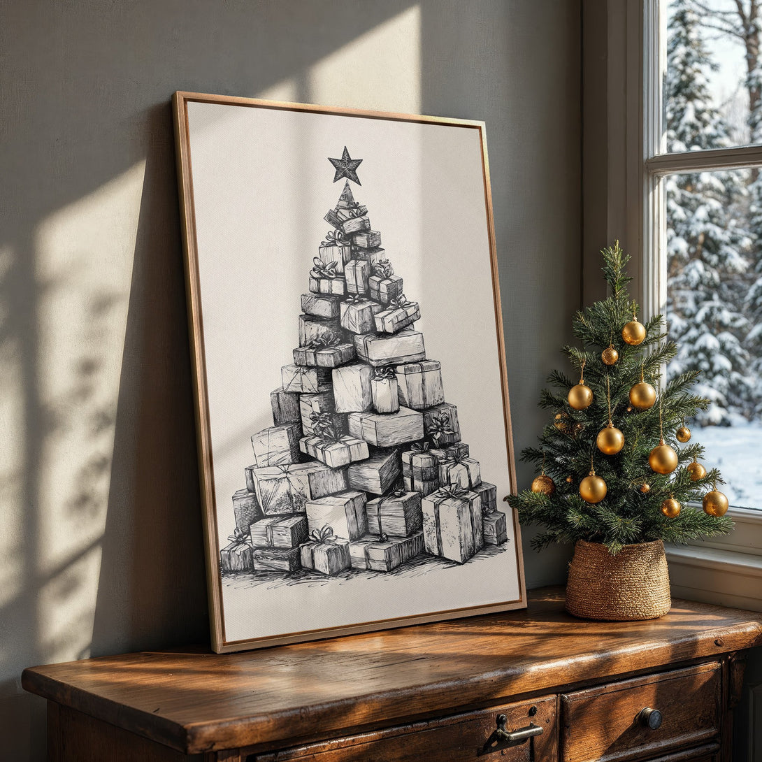 Framed Wall Art: Christmas tree made of gifts, sketched in black and white. Neutral palette, perfect for holiday decor. Add festive charm to your home!