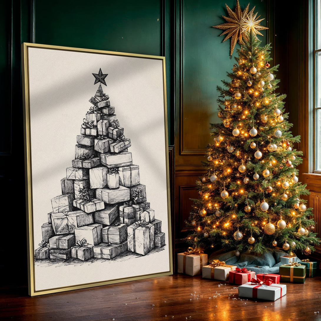 Canvas Print featuring a hand-drawn Christmas tree made of gifts. Black and white sketch on a neutral background, perfect for holiday decor.