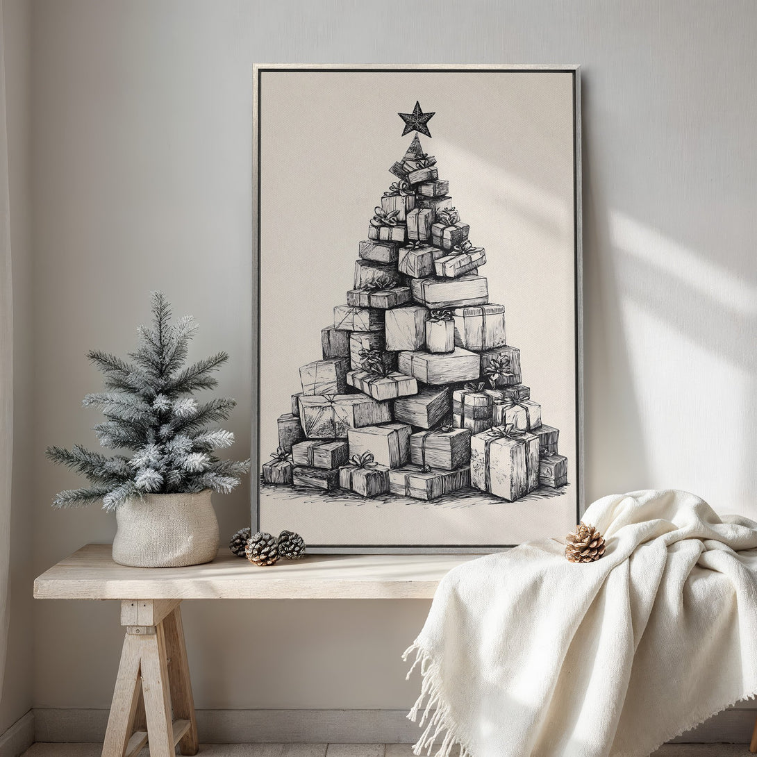 Framed Wall Art: Christmas tree made of gifts, sketched in black and white. Neutral color palette, minimalist style, perfect for holiday decor.