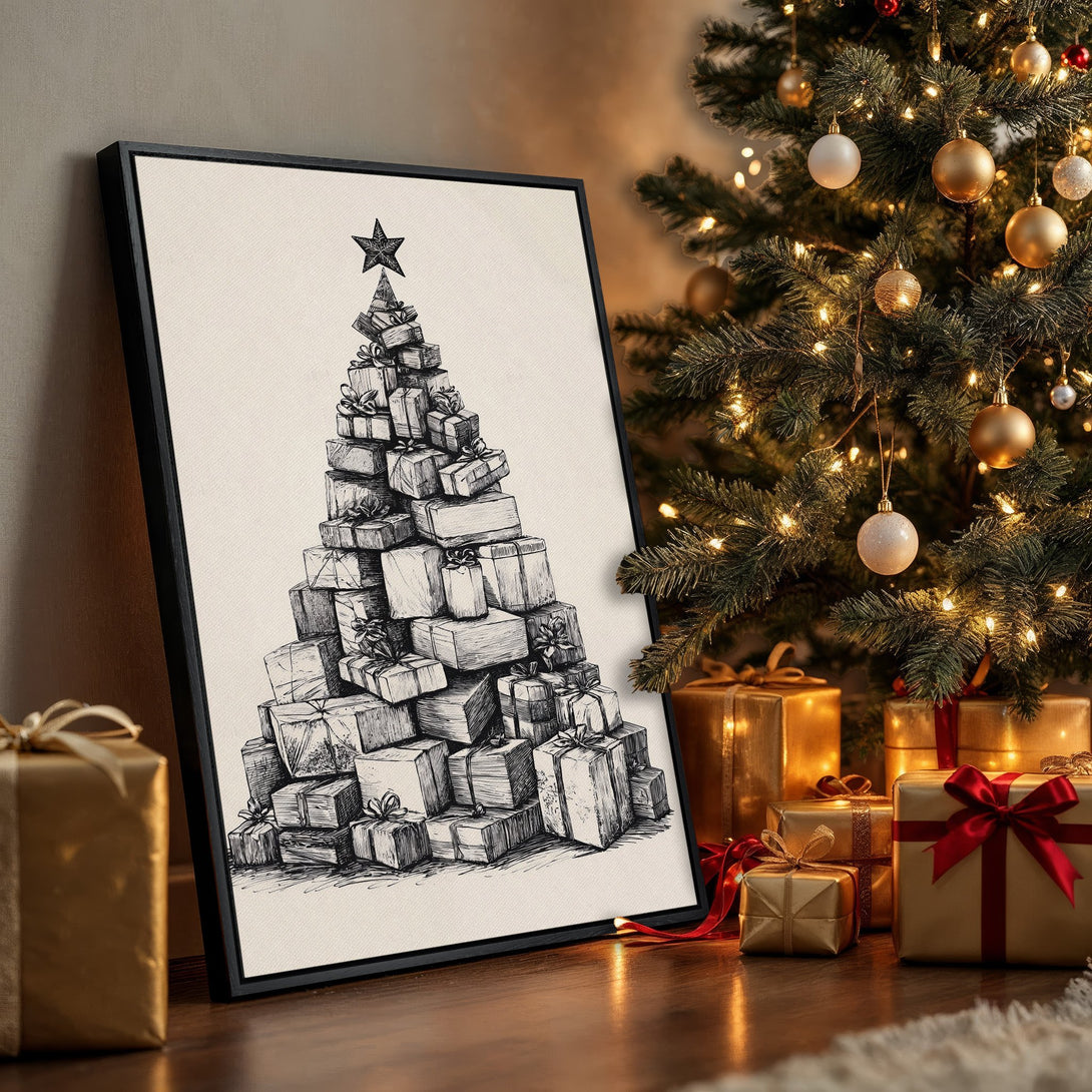 Framed Wall Art: Festive Christmas tree art in black and white, displayed in a cozy interior. Warm gold and neutral tones create a welcoming holiday vibe.