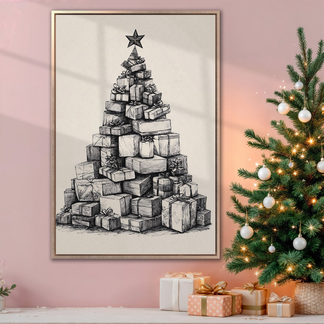 Framed Wall Art: Black and white sketch of a Christmas tree made of gifts. Neutral color palette, perfect for holiday decor. Add festive charm to your home!