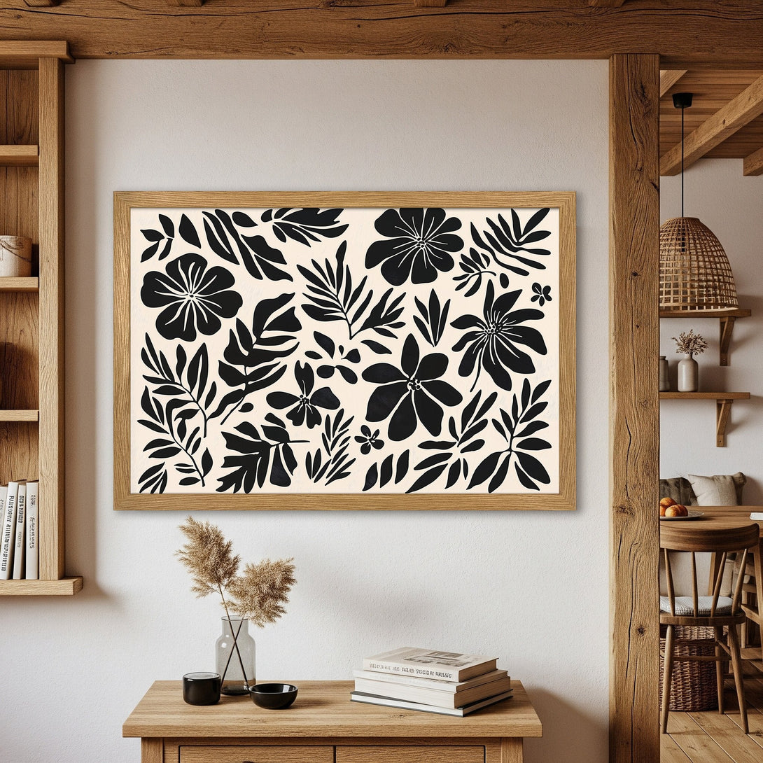 Framed Poster featuring a floral design in black and cream, perfect for modern decor.