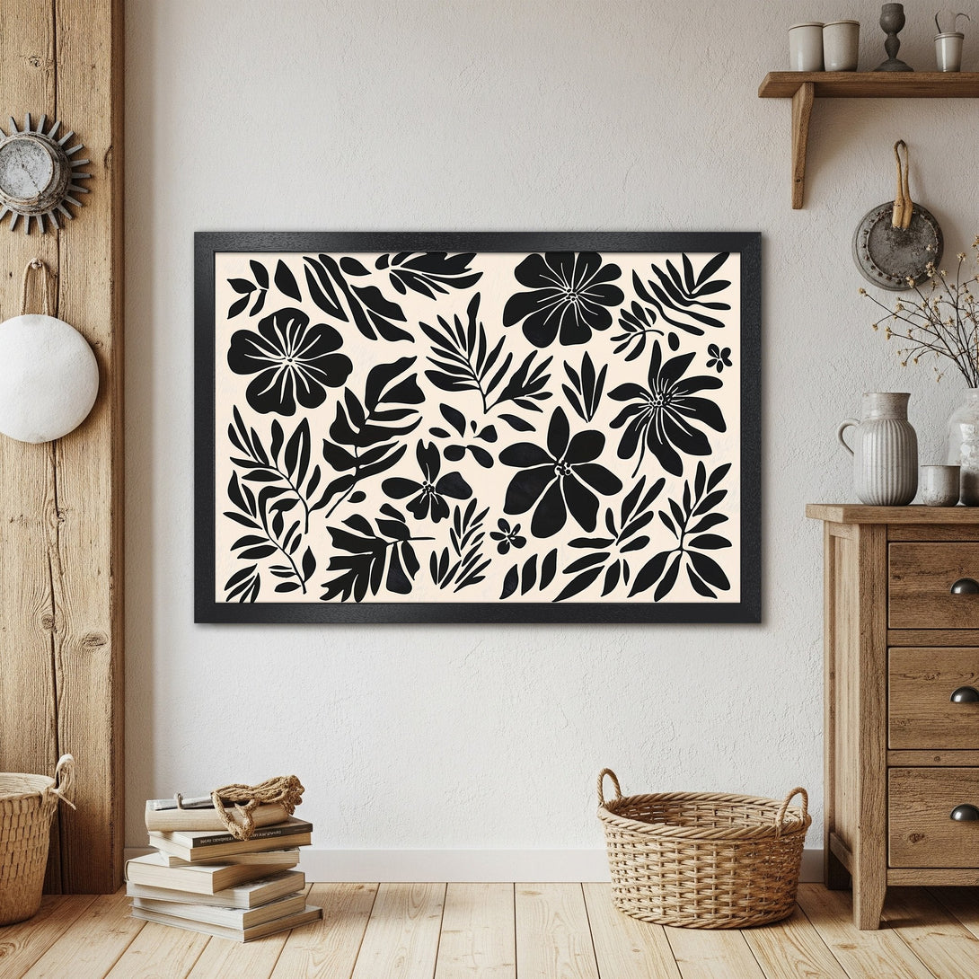 Framed Poster featuring bold black floral design on a neutral background. Modern art print for home decor.