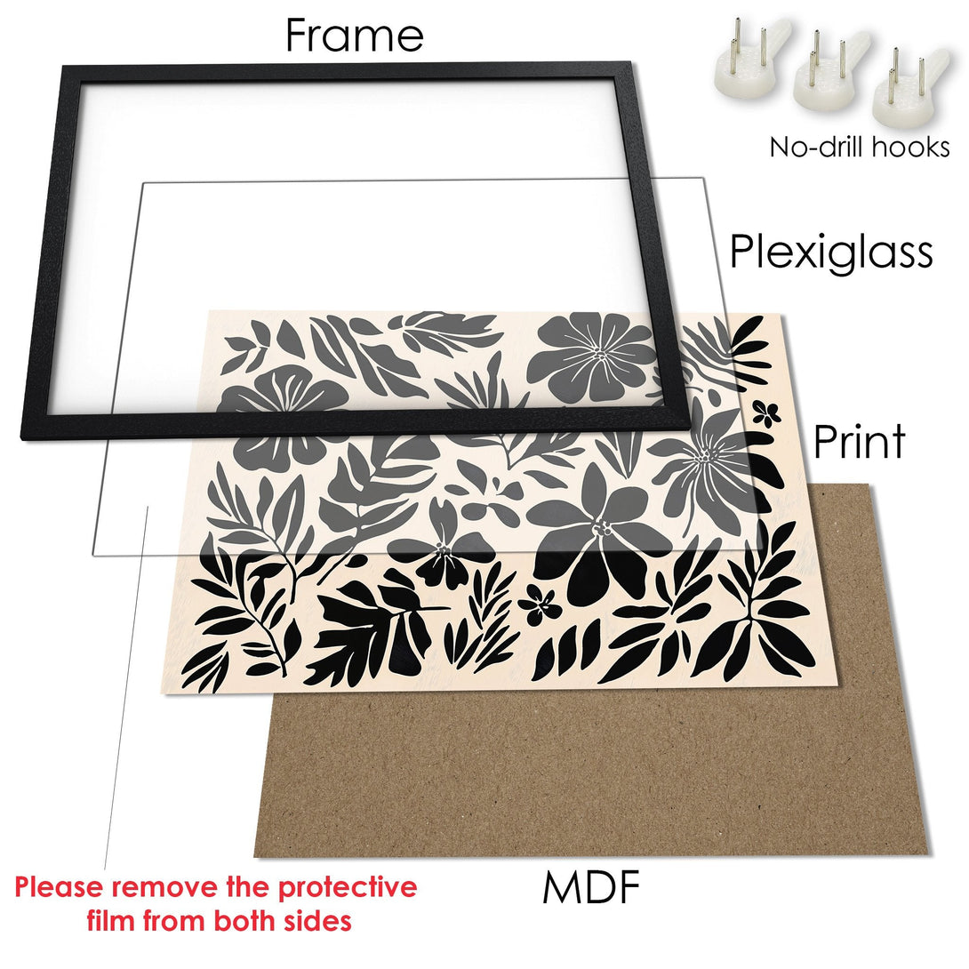 Framed Poster with floral design in black and gray on a beige background. Modern art print for your home decor.