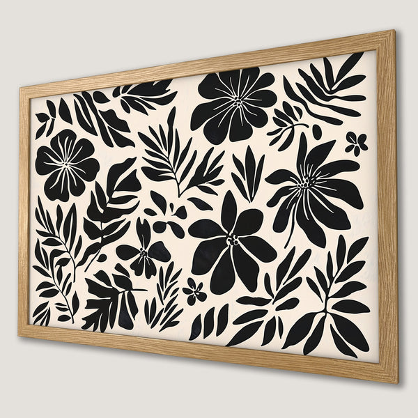 Framed Poster featuring a floral botanical design in a minimalist black and cream color palette. Perfect wall art!