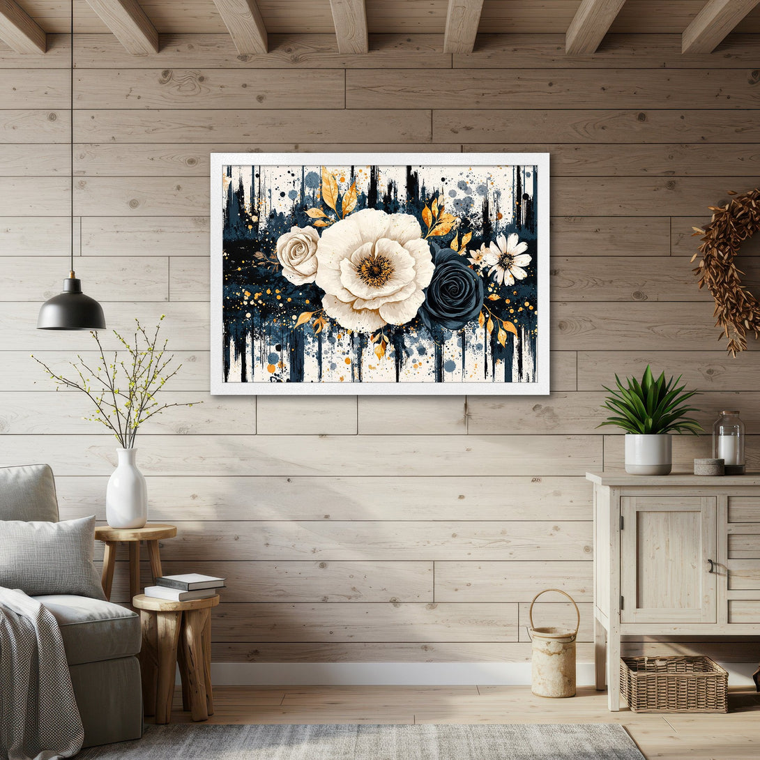 Framed Poster featuring floral art in watercolor style with navy, gold, and cream color palette. Perfect wall decor!