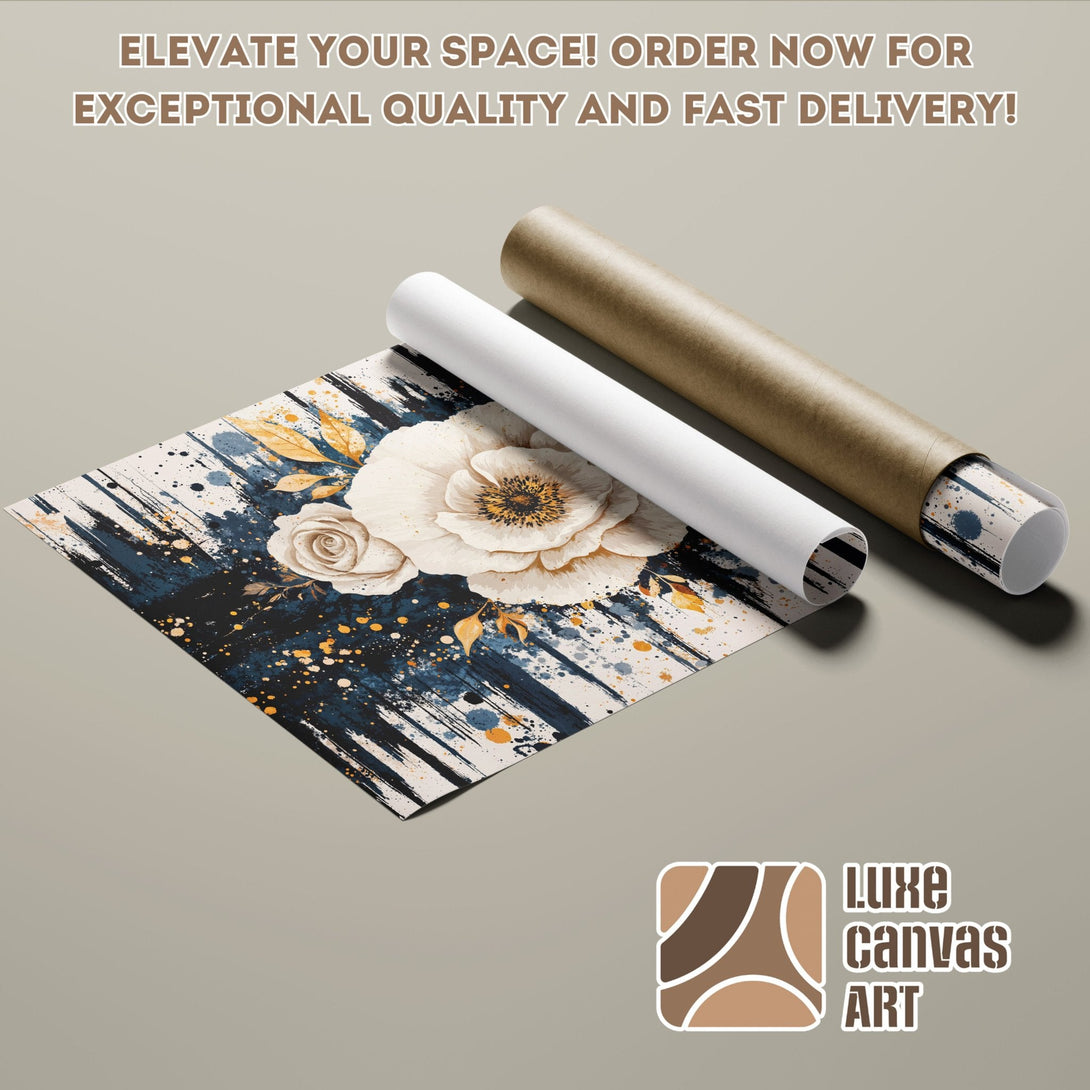 Poster Roll featuring floral art in navy, gold, and cream tones. Elevate your space with this beautiful poster!