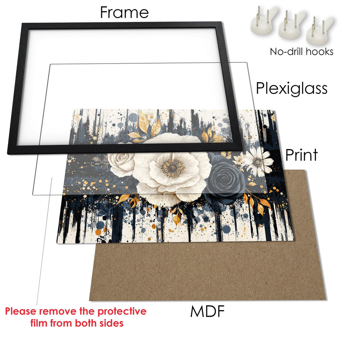 Framed Poster featuring floral art in a watercolor style with a navy, gold, and cream color palette. Perfect wall decor!