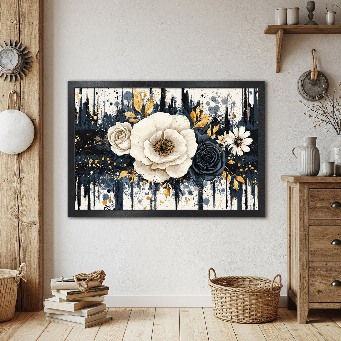 Framed Poster featuring floral art in navy, gold, and cream. Modern botanical print for home decor.