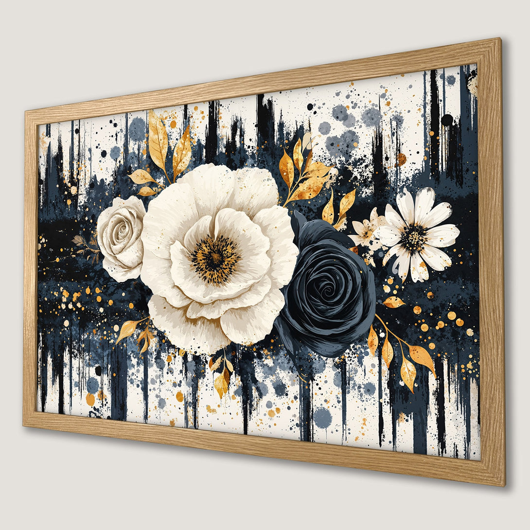 Framed Poster featuring watercolor floral art with white, navy, and gold color palette. Perfect wall decor for any room!
