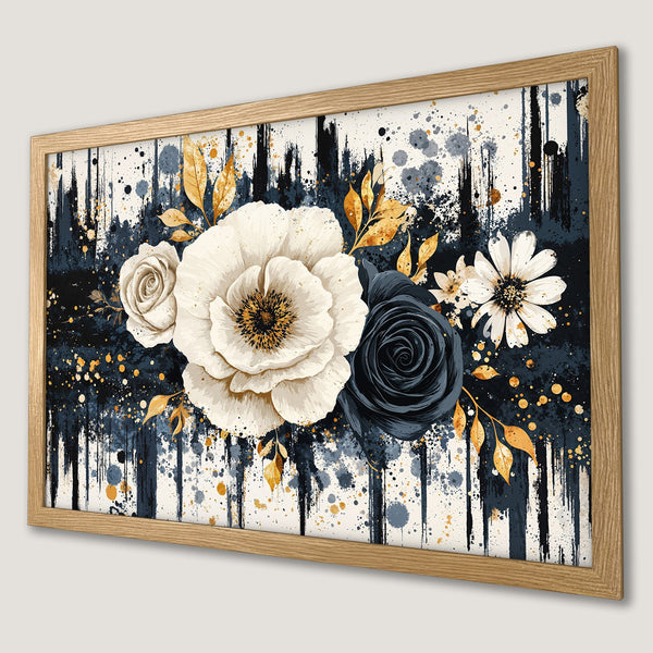 Framed Poster featuring watercolor floral art with white, navy, and gold color palette. Perfect wall decor for any room!