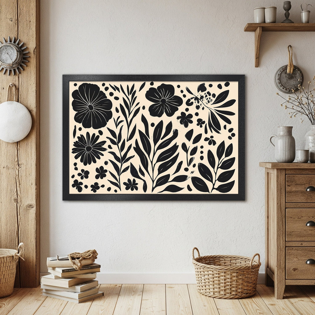 Framed Poster featuring a black and cream floral design. Stylish botanical art print for home decor. Modern, minimalist style.