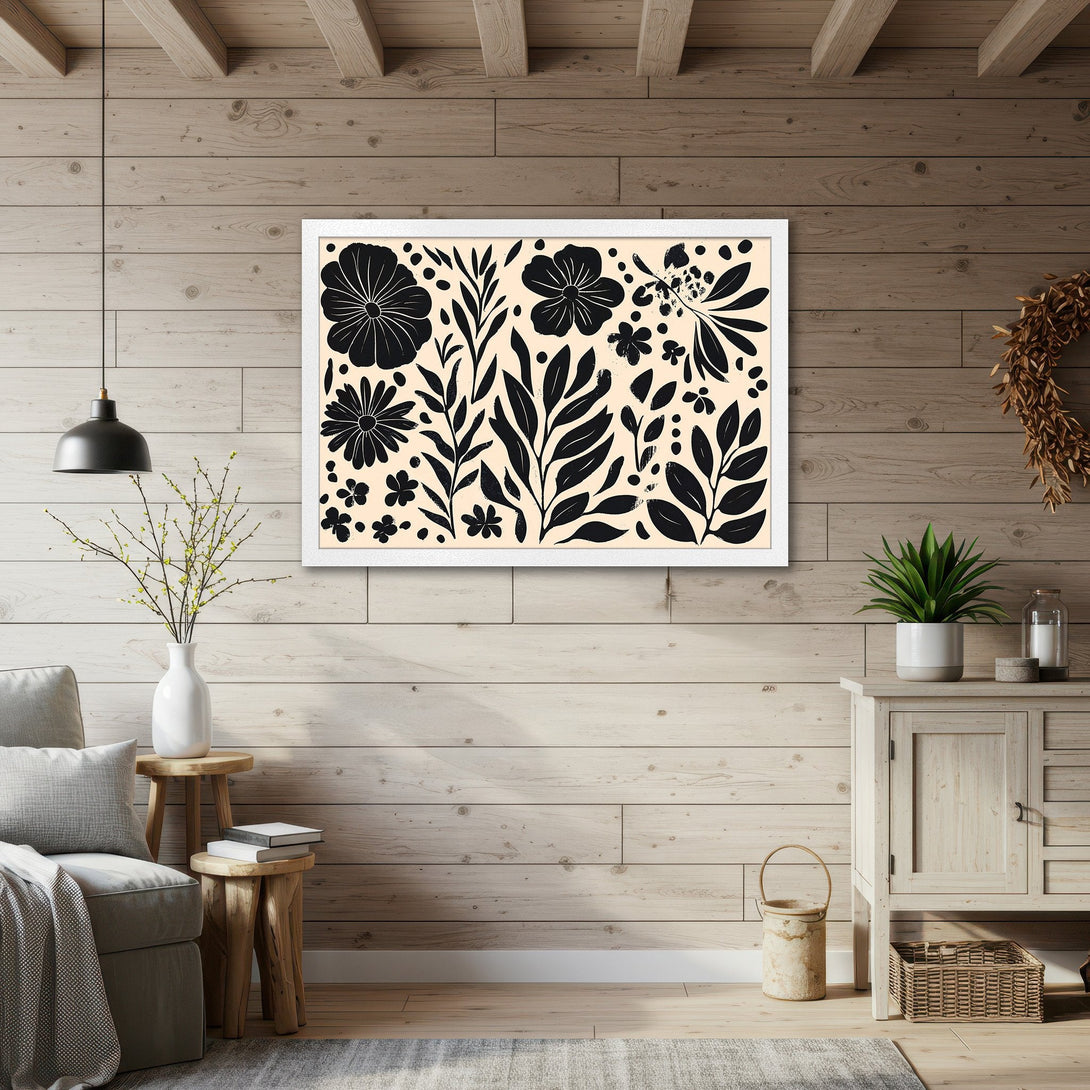 Framed Poster featuring a black and white floral design. Modern art print with a neutral color palette, perfect for home decor.