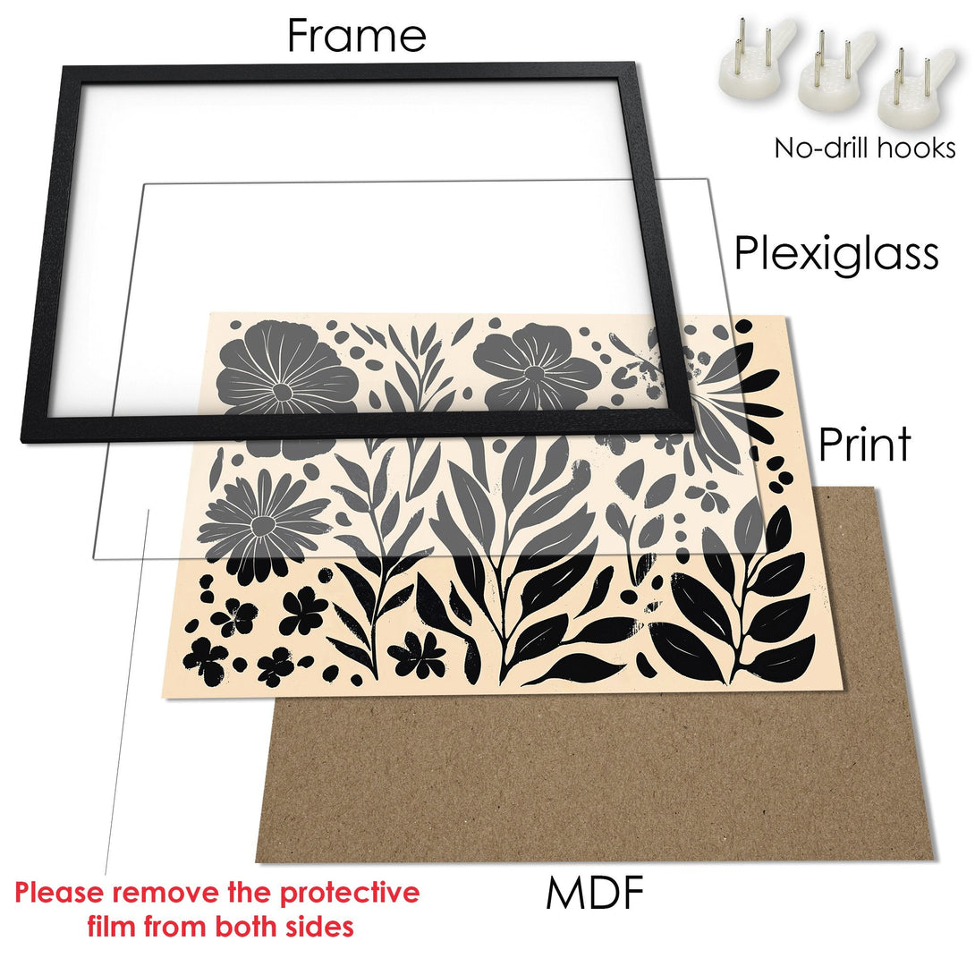 Framed Poster with floral design. Modern style, black, gray, and beige color palette. Perfect art for your home!