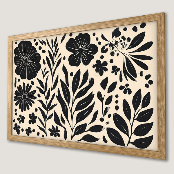 Framed Poster featuring black floral design on cream background. Modern botanical art print for home decor.