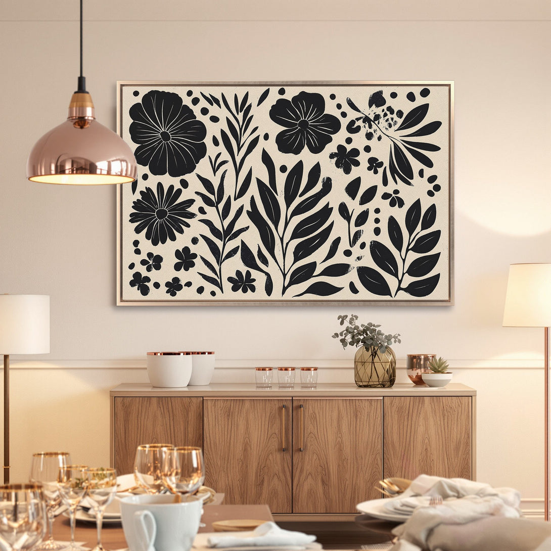 Framed Wall Art: Black floral design Canvas Print. Modern botanical style in a neutral beige and black color palette. Perfect for home decor.
