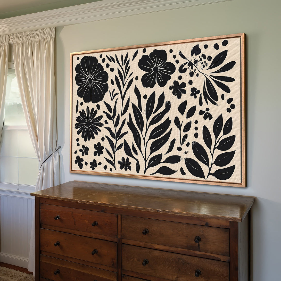 Framed Wall Art: Black floral Canvas Print in a modern style with a neutral and black color palette, perfect for home decor.