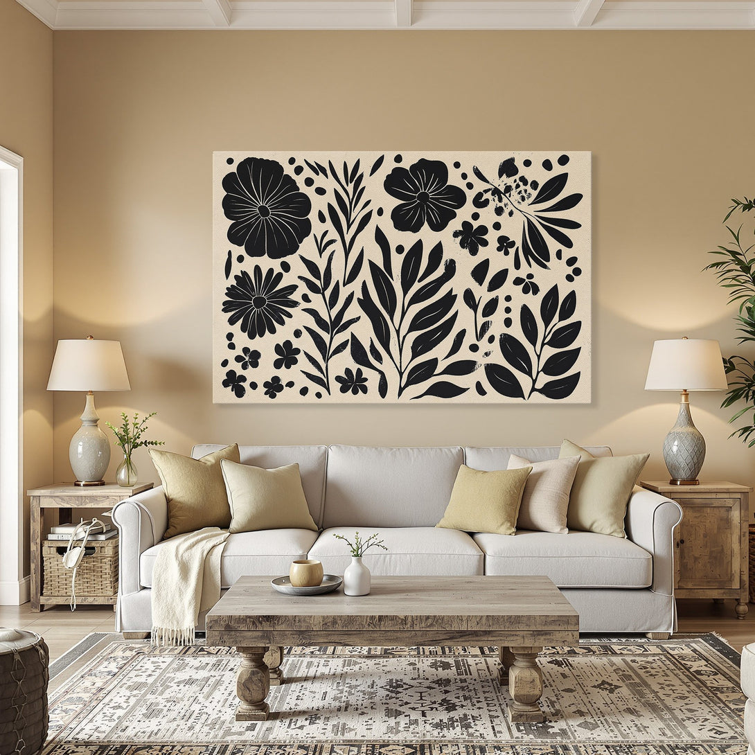 Framed Wall Art: Black and white floral Canvas Print in a dining room. Modern botanical design with a neutral color palette. Perfect home decor.