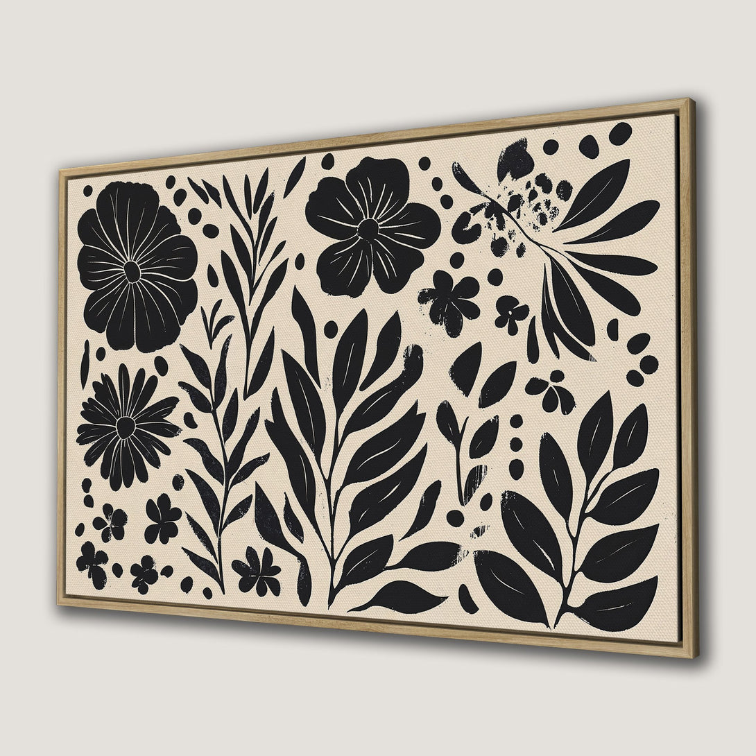 Framed Wall Art: Black & white floral Canvas Print. Modern botanical art with a minimalist style and neutral color palette for stylish home decor.
