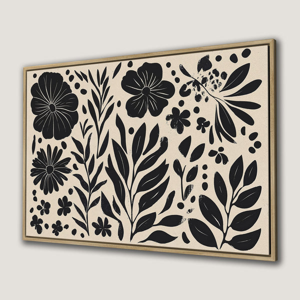 Framed Wall Art: Black & white floral Canvas Print. Modern botanical art with a minimalist style and neutral color palette for stylish home decor.