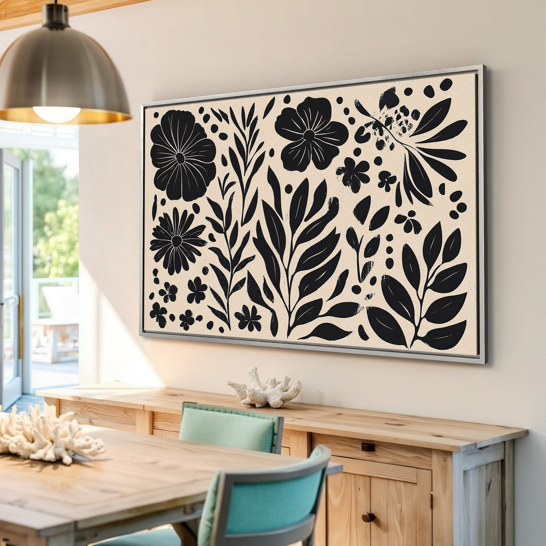 Framed Wall Art: Black floral design on beige canvas. Modern botanical print, perfect for home decor.