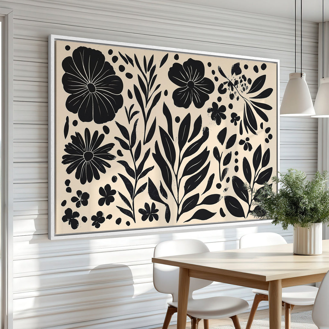 Framed Wall Art featuring a modern floral design in black and beige. Perfect for adding a touch of elegance to your dining room!