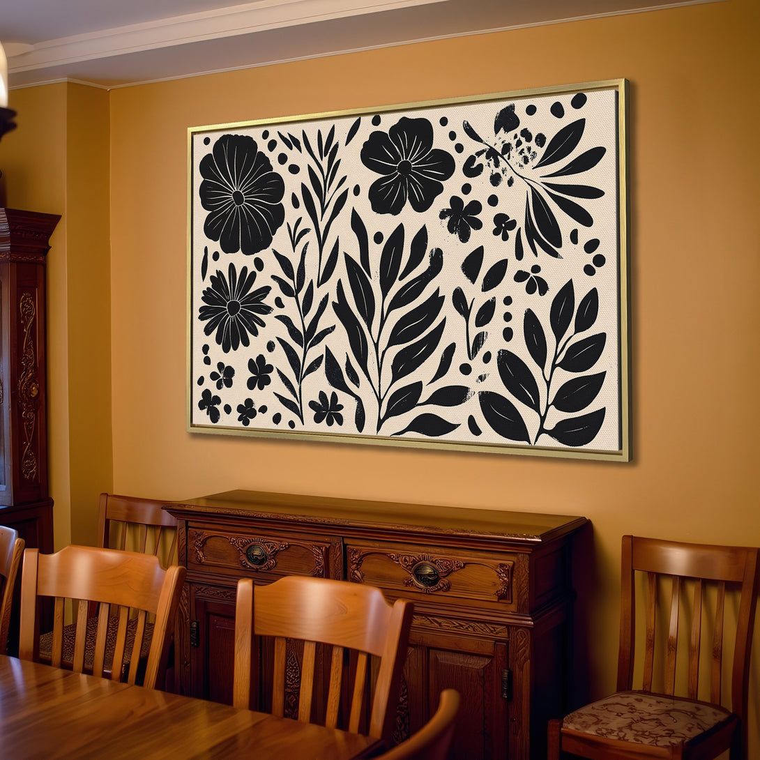 Canvas Print featuring a floral design in a minimalist black and cream color palette, perfect for modern home decor.