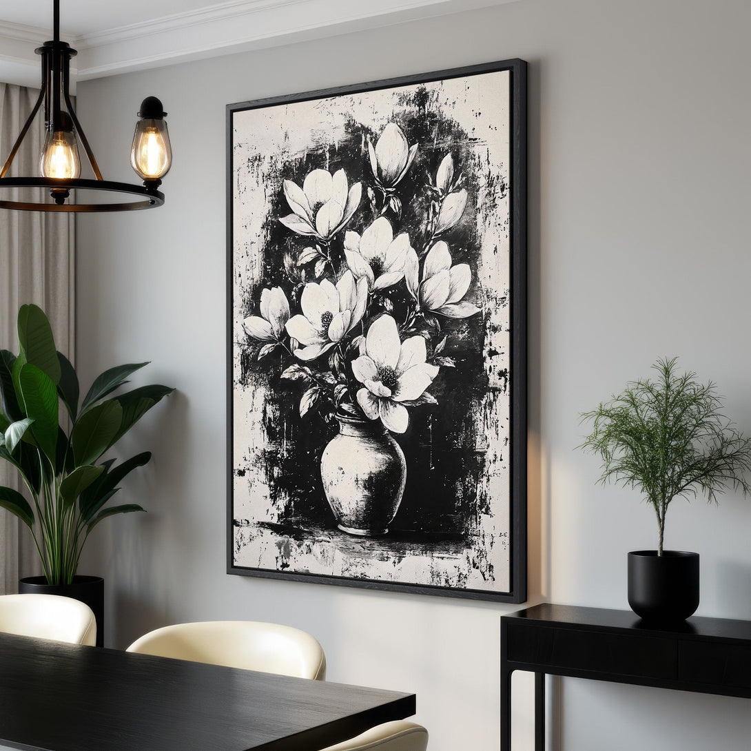 Framed Wall Art featuring a black and white floral abstract. Modern canvas print adds elegance to any interior. Perfect for minimalist decor.