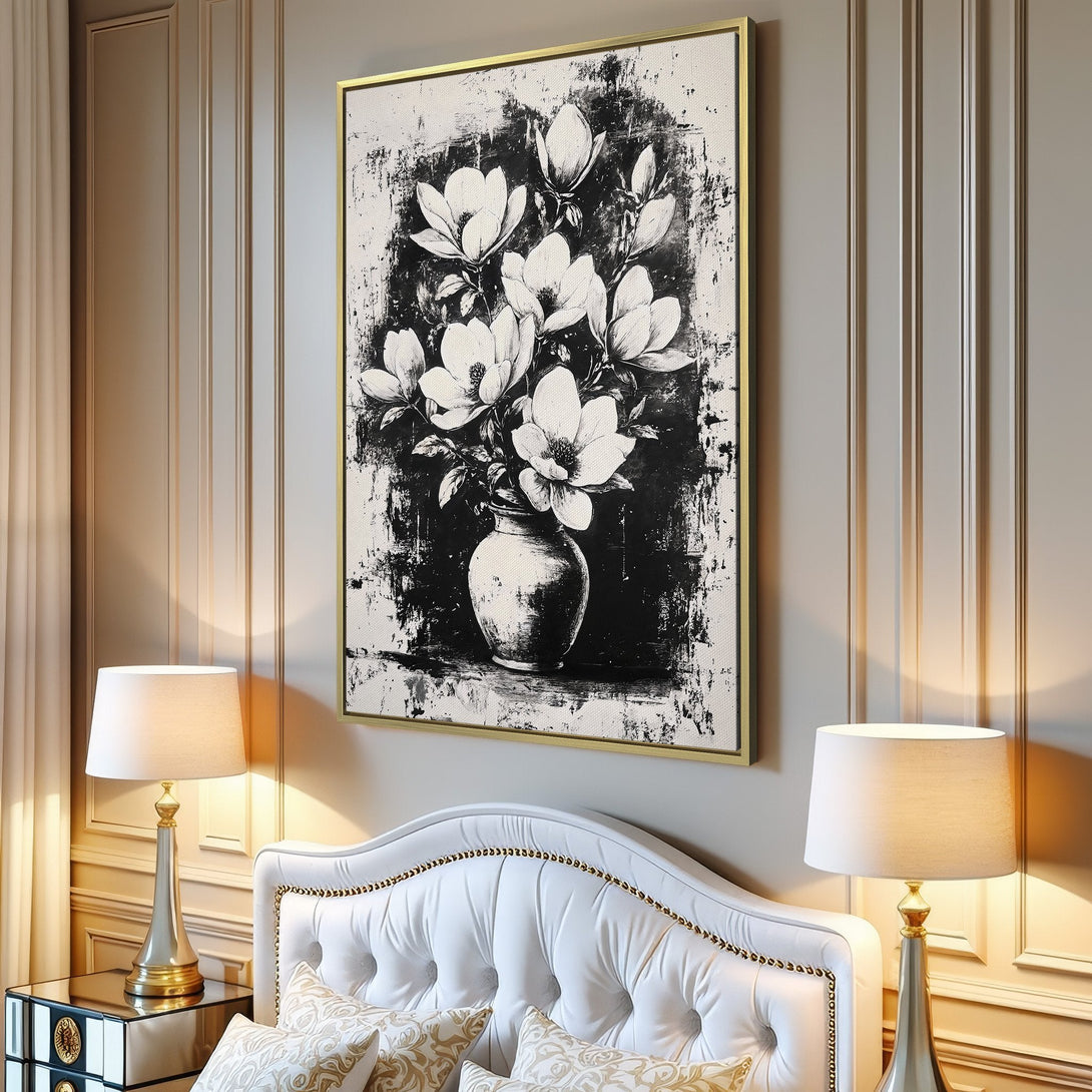 Canvas Print of magnolia flowers in a vase, modern black and white abstract art, perfect for living room decor.