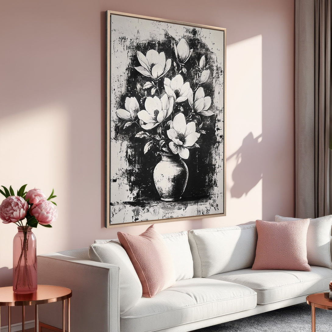 Framed Wall Art featuring a black and white floral painting. Modern abstract style with a neutral, blush pink and white color palette. Perfect for home decor.