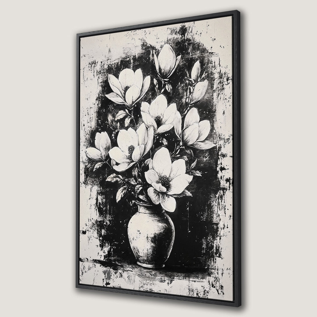 Framed Wall Art featuring a black and white abstract floral design. Modern Canvas Print of magnolia flowers in a vase, perfect for minimalist decor.