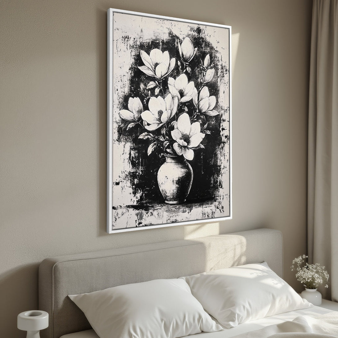 Framed Wall Art: Black and white floral canvas print. Modern, minimalist style with a neutral color palette, perfect for bedroom decor.