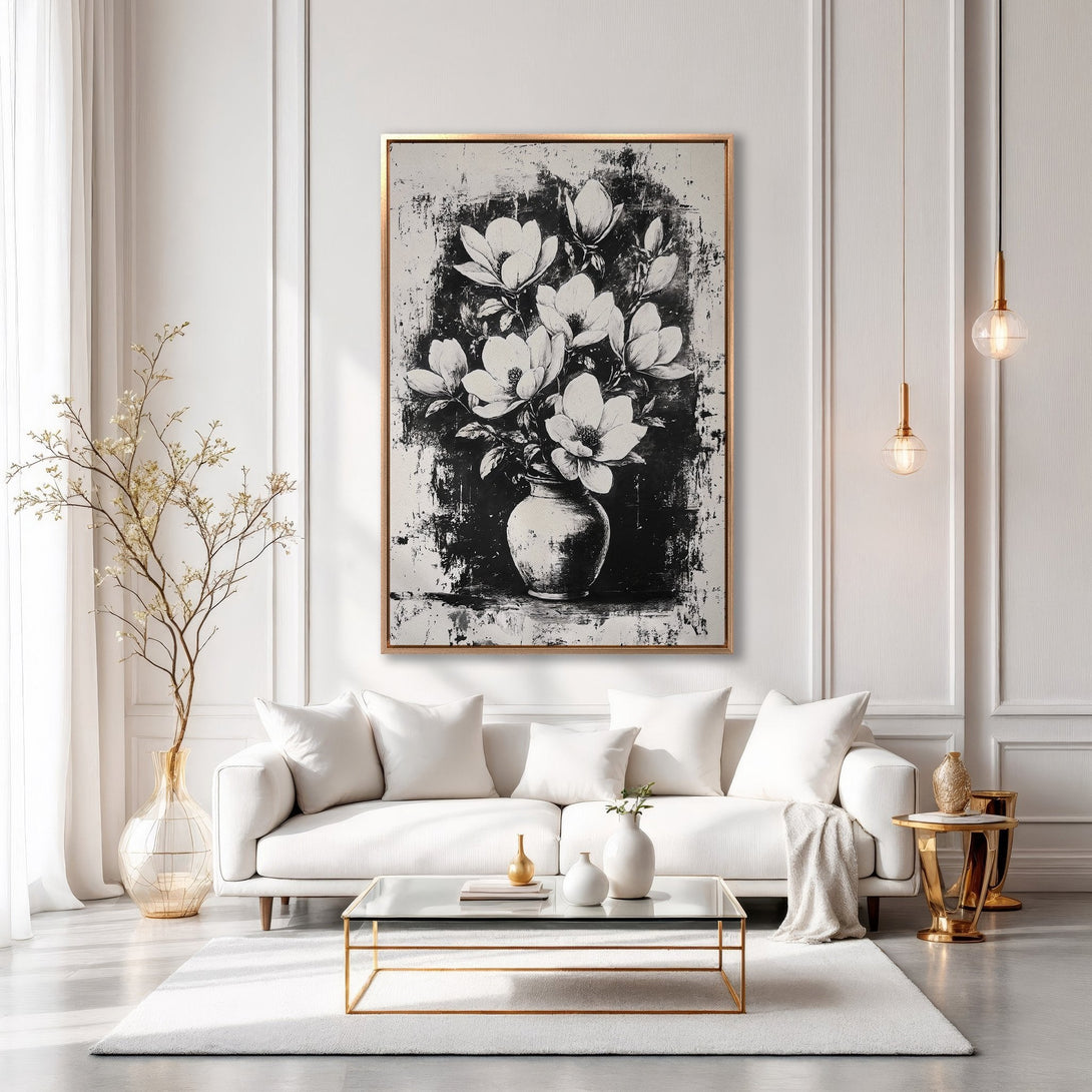 Framed Wall Art: Black and white floral painting in a modern living room. Elegant canvas print with a neutral color palette, perfect for home decor.