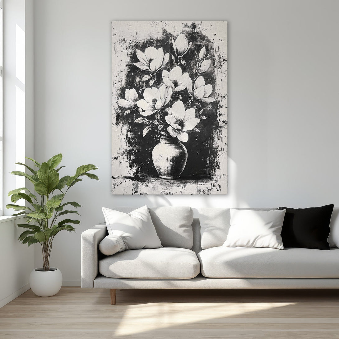 Framed Wall Art: Black & white floral canvas print. Modern abstract style. Elegant bedroom decor with neutral color palette. Elevate your space!