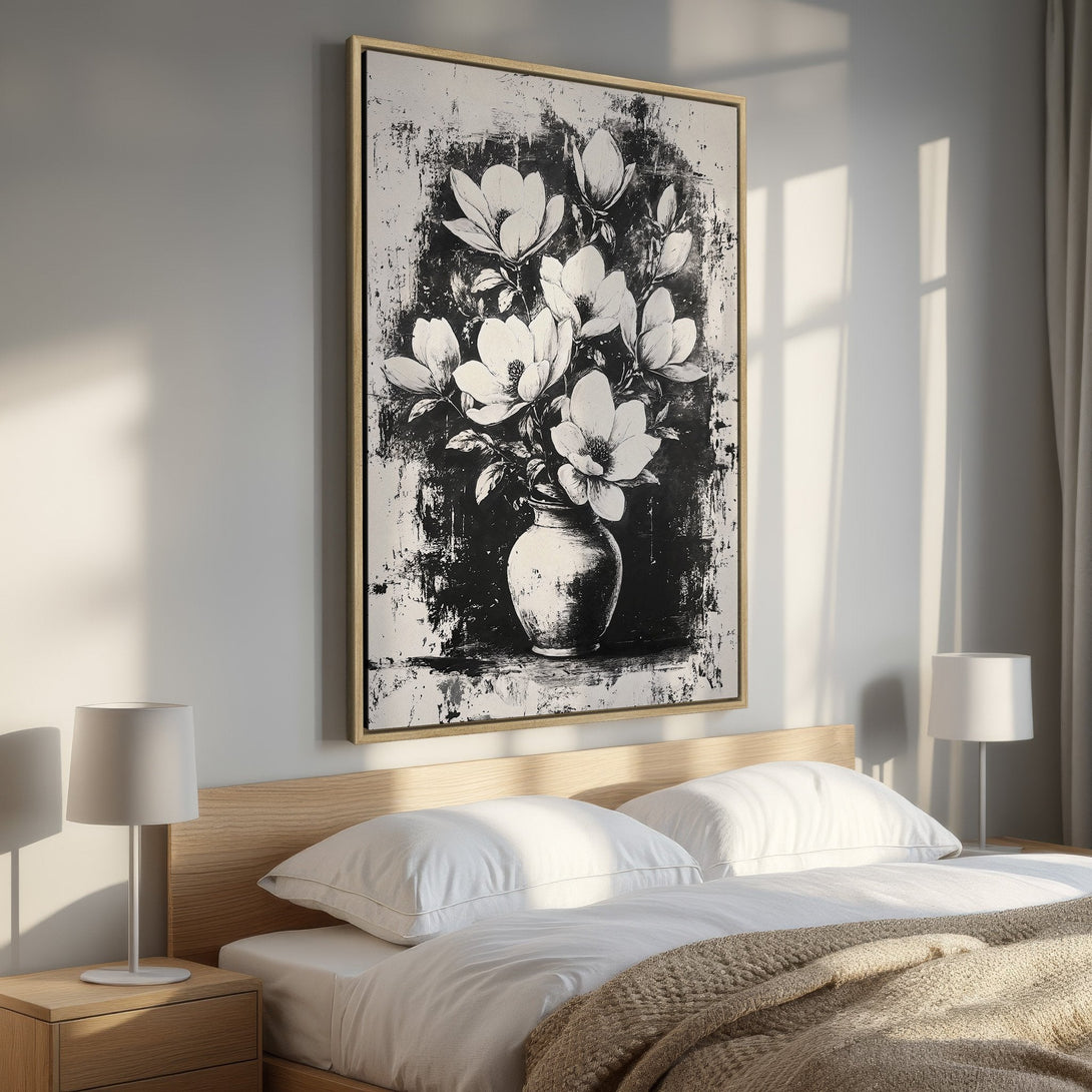 Framed Wall Art featuring a black and white floral abstract painting. Modern art canvas print adds elegance to any bedroom.