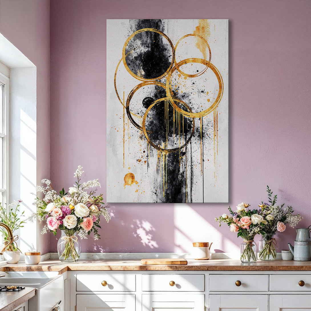 Framed Wall Art: Abstract gold circle art print in a modern living room. Black, white, and gold color palette. Elevate your home decor with this stunning piece.