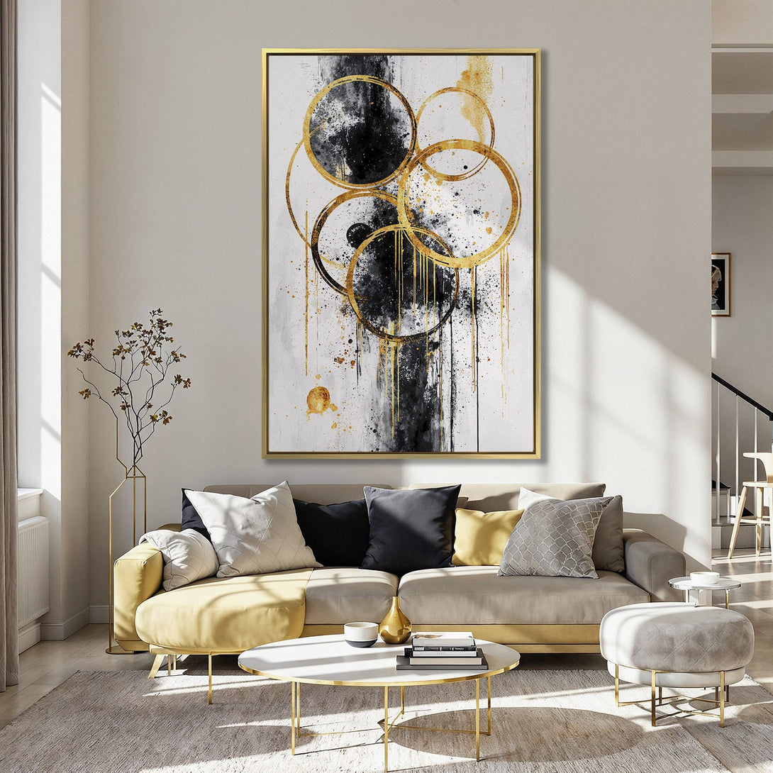 Abstract Canvas Print with gold, black, and white circles. Modern wall art adds elegance to any room. Shop now!