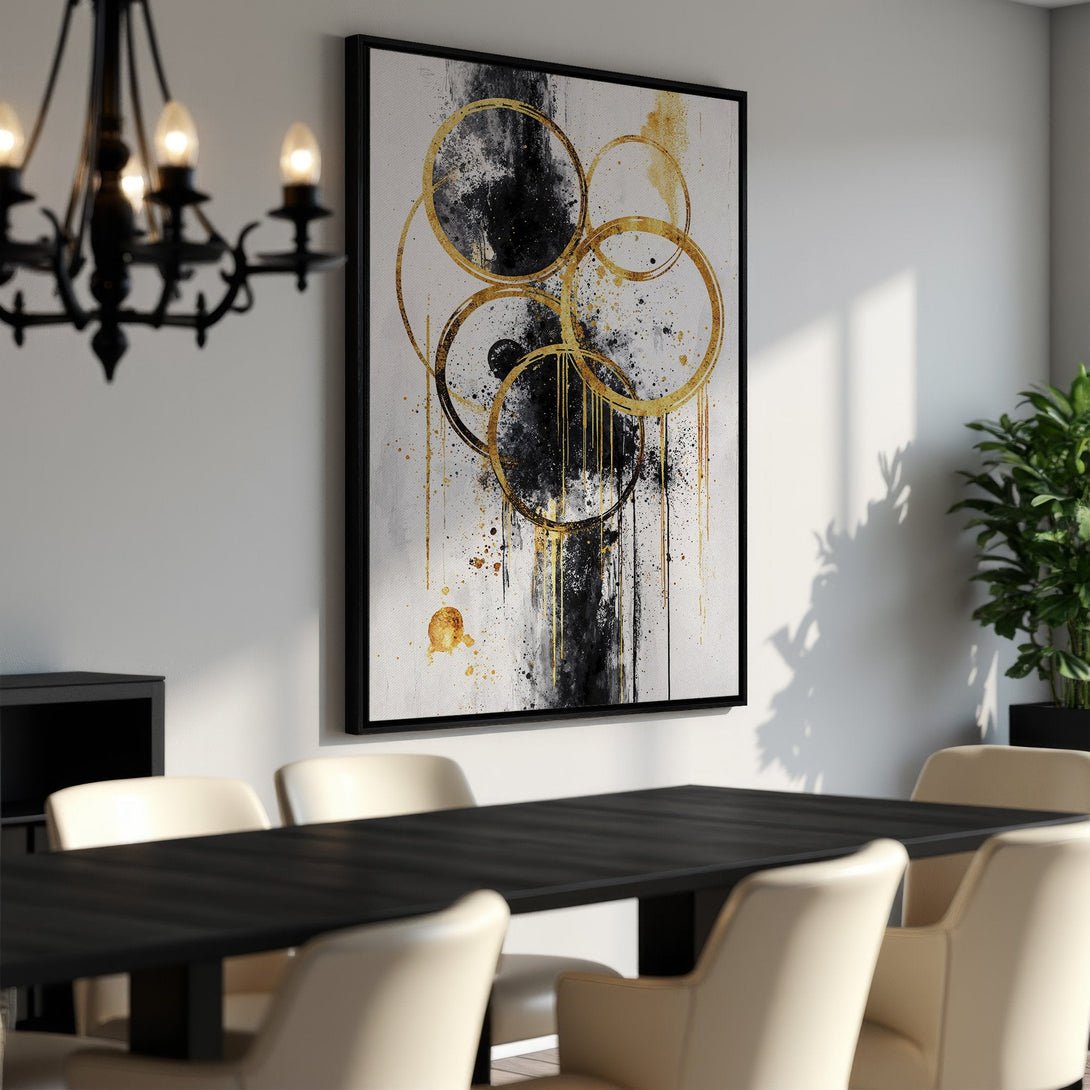 Framed Wall Art: Abstract black & gold circles Canvas Print. Modern art for dining room. Neutral color palette. Elevate your home decor.