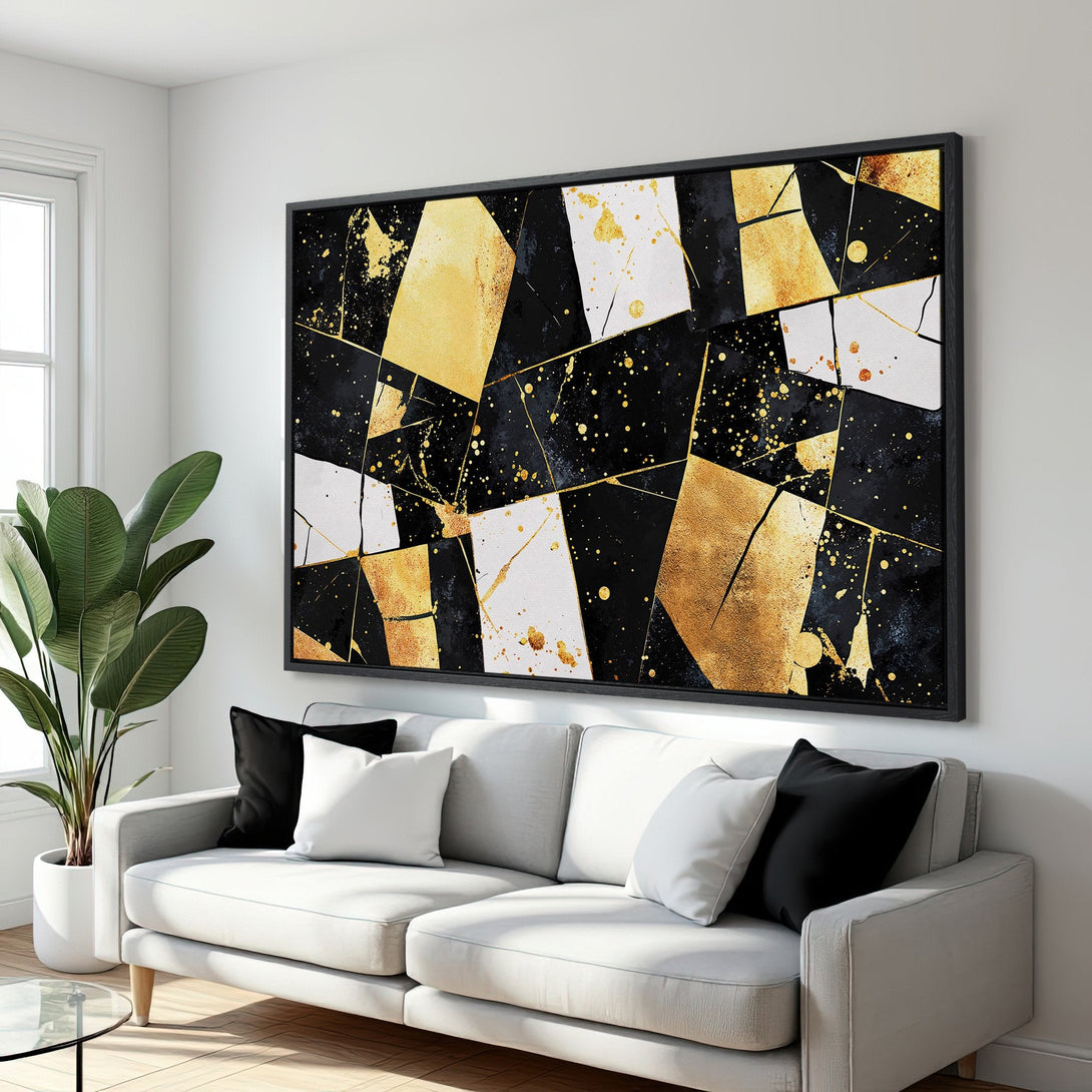 Framed Wall Art: Abstract gold, black, and white geometric design. Modern Canvas Print adds a touch of luxury to any interior.
