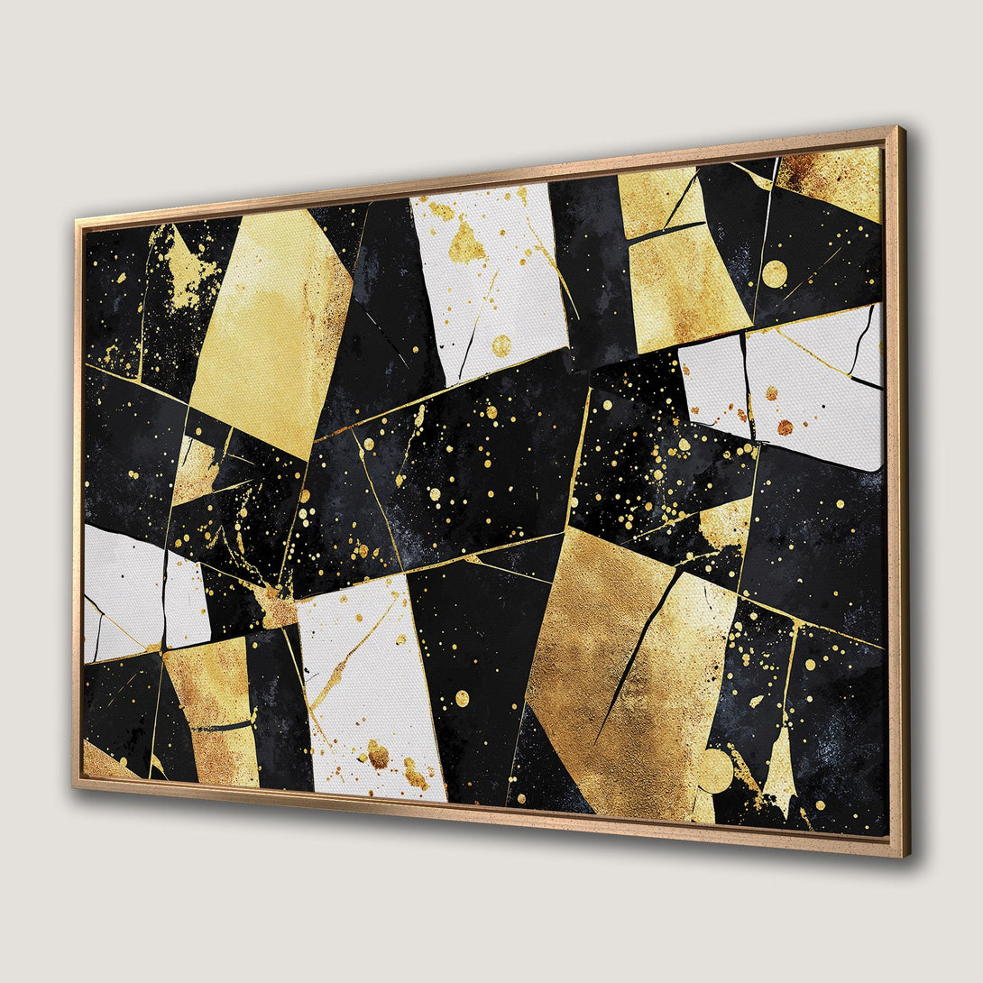 Framed Wall Art: Abstract geometric design in black, white, and gold. Modern canvas print for a luxurious and stylish interior.