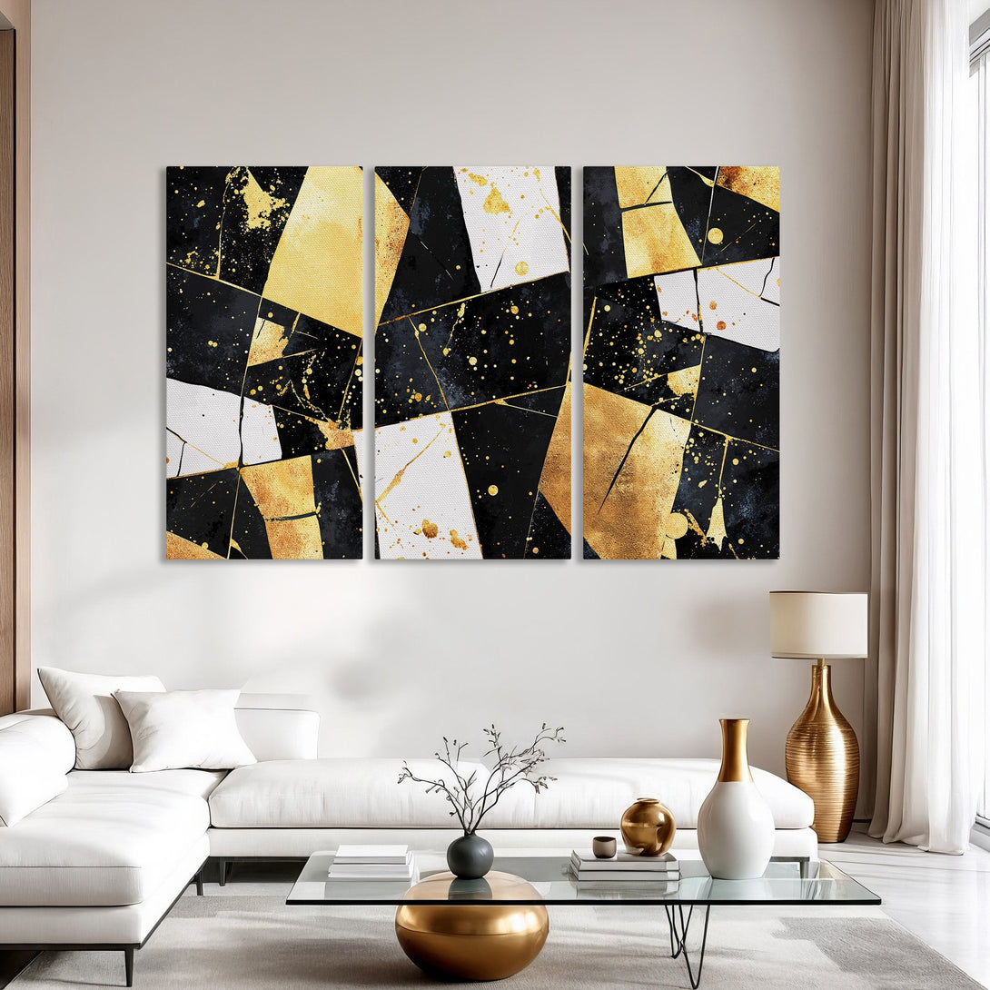 Abstract Canvas Print in black, white, and gold. Modern art for your living room. Elevate your decor with this stunning triptych.
