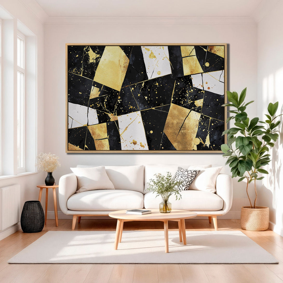 Framed Wall Art featuring abstract gold and black geometric design. Modern Canvas Print with a luxurious, contemporary style. Perfect for home decor.